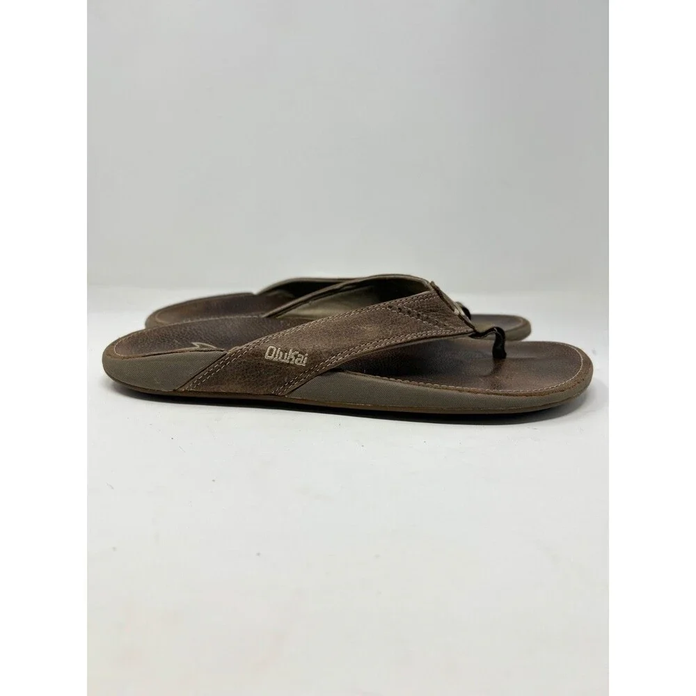 OluKai Men's Nui Brown Leather Flip Flop Sandals Men’s Size 10